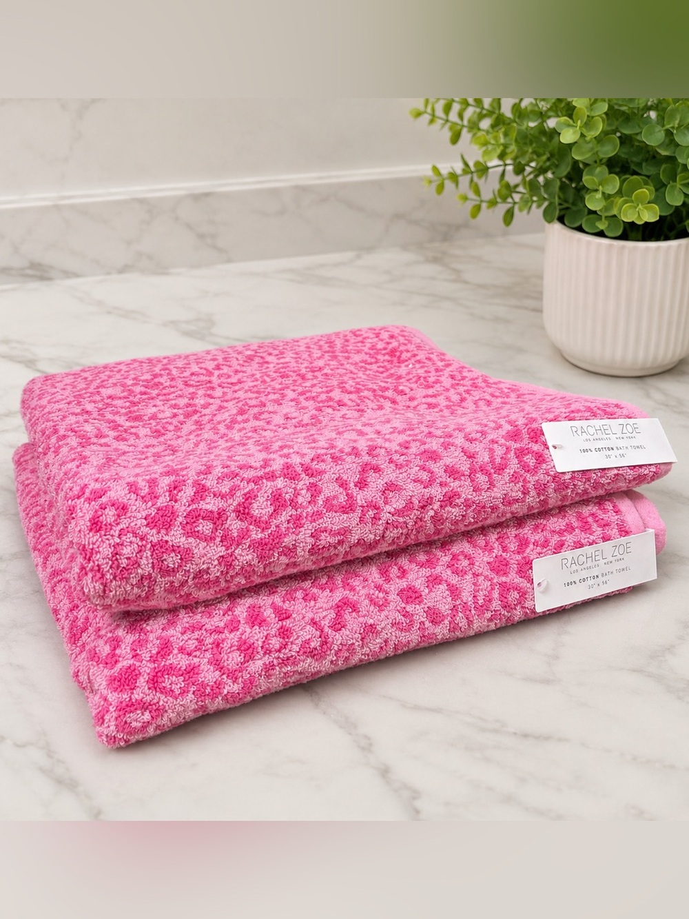 Rachel Zoe 2pc Reversible Hot Pink Leopard Print Bath Towels Locker Loop Cotton